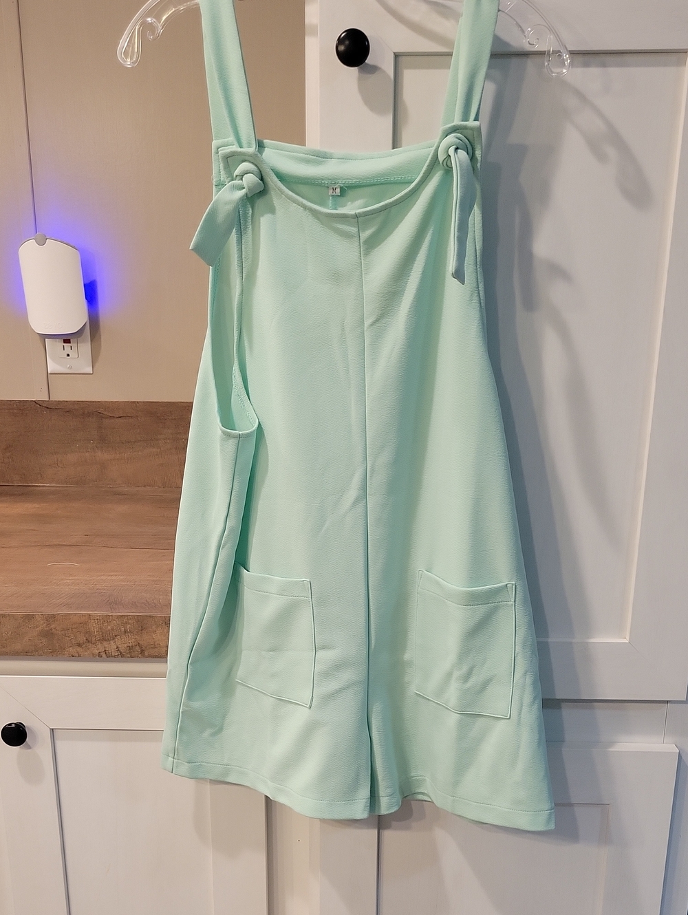 Tie-Shoulder Mint Romper with Front Pockets